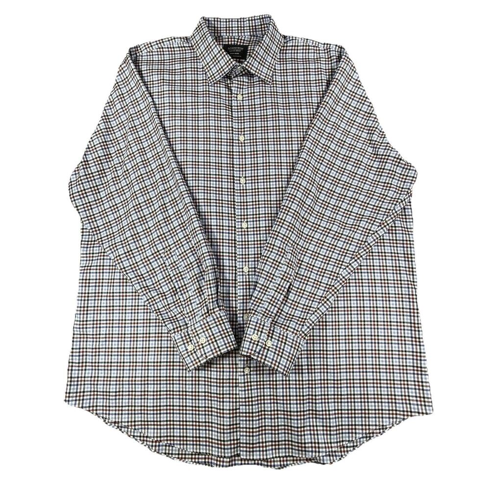 Nordstrom Men's Shop Dress Shirt 17.5/34-35 Rust Blue Plaid Non-Iron Stretch